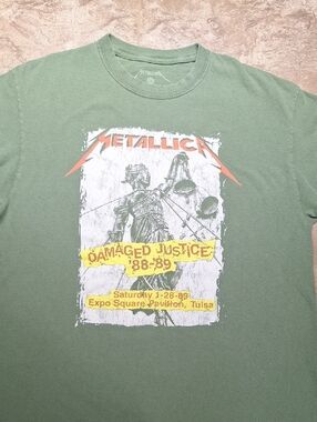 Metallica Damaged Justice Graphic Tee in Sage Green. Large